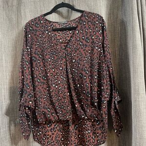 West Kei Brown Leopard Print V-Neck Blouse